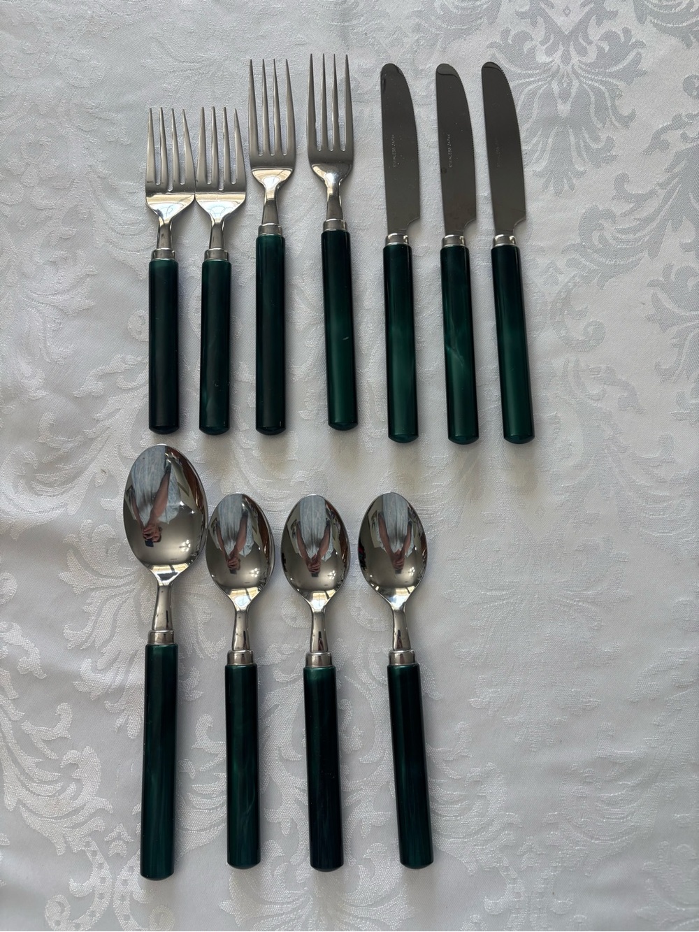 Vintage Japan Green Marbled Stainless Steel Flatware Cutlery Lot Retro 11 Pc